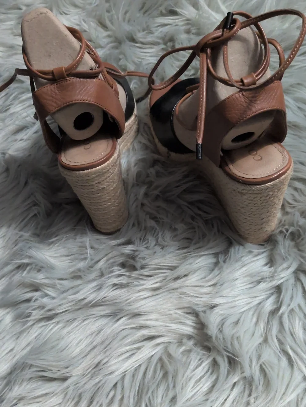 COACH Women's Black & Tan Leather Espadrille Wedge Sandals